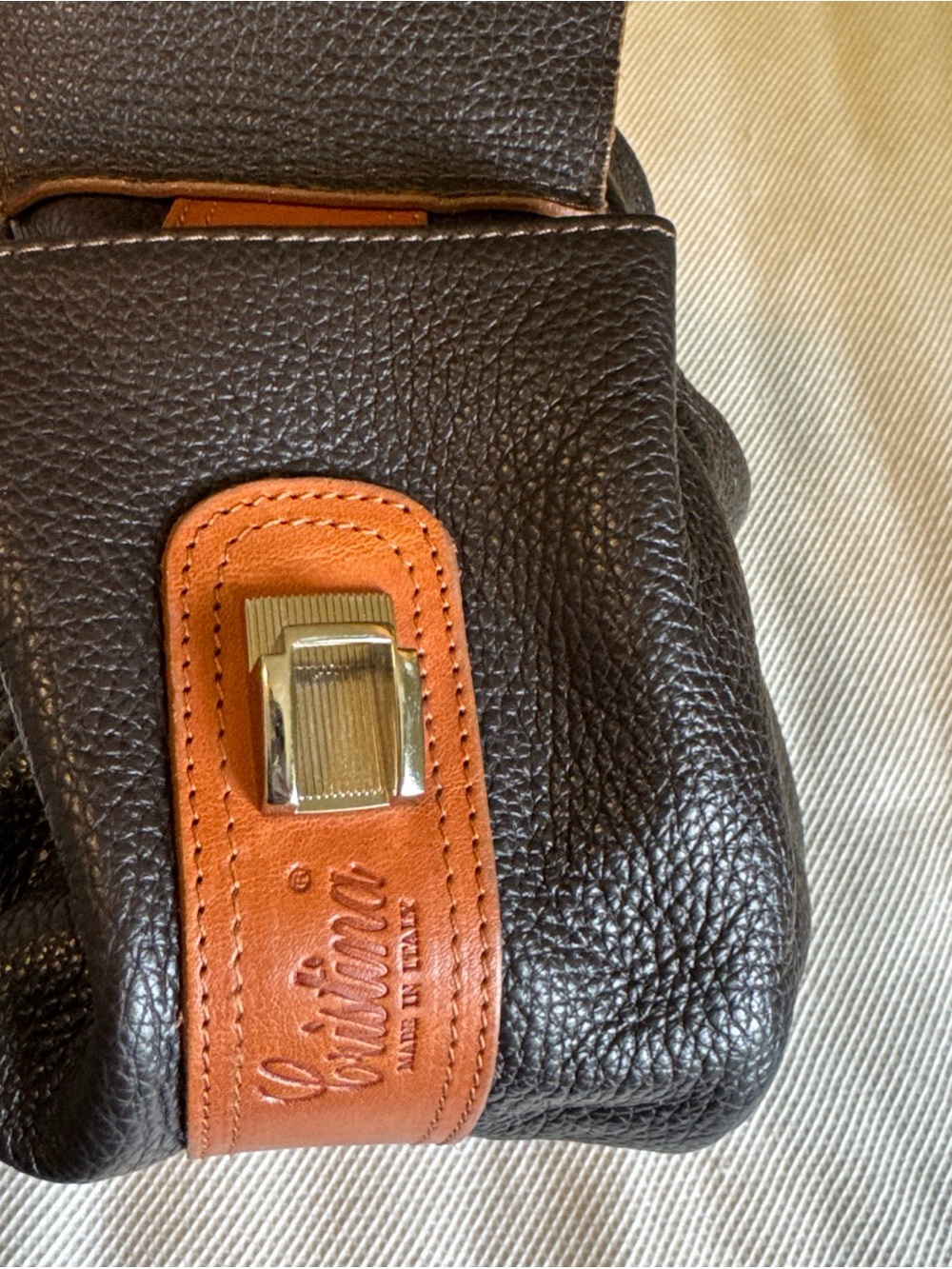 Cristina Italy Genuine Leather Shoulder Bag Brown Pebbled Leather Cognac Trim - Picture 11 of 11